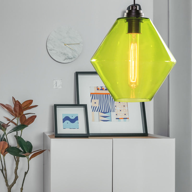Single Light Diamond Shade Ceiling Pendant Light Vintage Black Orange/Blue/Green Glass Hanging Lamp Clearhalo 'Ceiling Lights' 'Close To Ceiling Lights' 'Glass shade' 'Glass' 'Industrial Pendants' 'Industrial' 'Middle Century Pendants' 'Pendant Lights' 'Pendants' 'Tiffany' Lighting' 136172