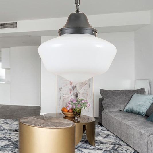 One Light Hanging Ceiling Light with Schoolhouse White Glass Industrial Dining Room Pendant Lighting in Black Clearhalo 'Ceiling Lights' 'Glass shade' 'Glass' 'Pendant Lights' 'Pendants' Lighting' 136185