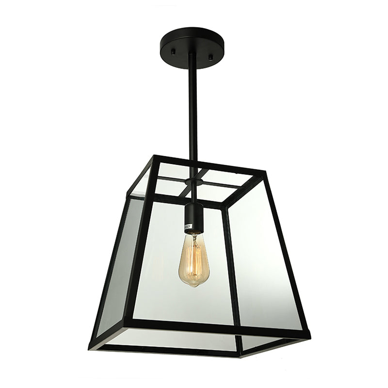 Industrial Trapezoid Pendant Lighting 1 Light Clear Glass Hanging Light Fixture in Black, 12" /14" Wide Clearhalo 'Ceiling Lights' 'Glass shade' 'Glass' 'Industrial Pendants' 'Industrial' 'Middle Century Pendants' 'Pendant Lights' 'Pendants' 'Tiffany' Lighting' 136190