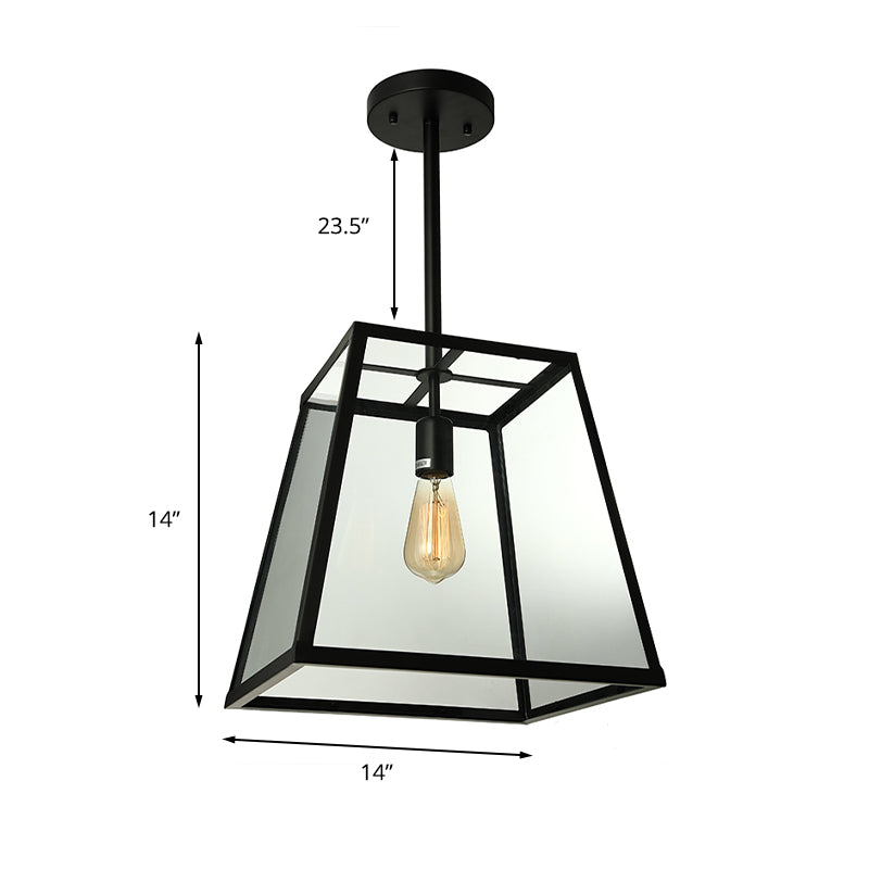 Industrial Trapezoid Pendant Lighting 1 Light Clear Glass Hanging Light Fixture in Black, 12" /14" Wide Clearhalo 'Ceiling Lights' 'Glass shade' 'Glass' 'Industrial Pendants' 'Industrial' 'Middle Century Pendants' 'Pendant Lights' 'Pendants' 'Tiffany' Lighting' 136192