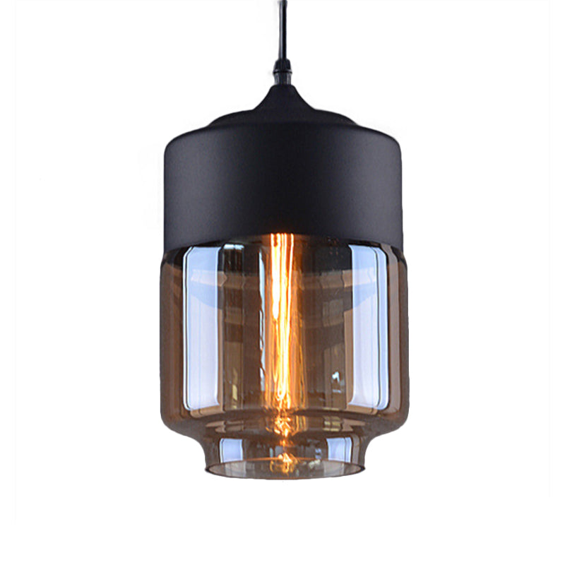 Cylinder Pendant Lighting Industrial 1 Light Brown Glass Hanging Ceiling Light in Black, 5"/7"/8" Wide Clearhalo 'Ceiling Lights' 'Glass shade' 'Glass' 'Industrial Pendants' 'Industrial' 'Middle Century Pendants' 'Pendant Lights' 'Pendants' 'Tiffany' Lighting' 136285