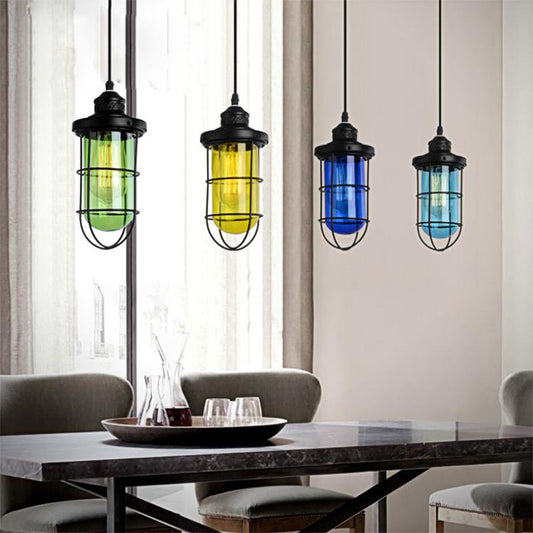 Black Single-Bulb Pendant Lighting Fixture Vintage Yellow/Green/Clear Glass Caged Hanging Ceiling Light for Living Room Clearhalo 'Ceiling Lights' 'Glass shade' 'Glass' 'Industrial Pendants' 'Industrial' 'Middle Century Pendants' 'Pendant Lights' 'Pendants' 'Tiffany' Lighting' 136295