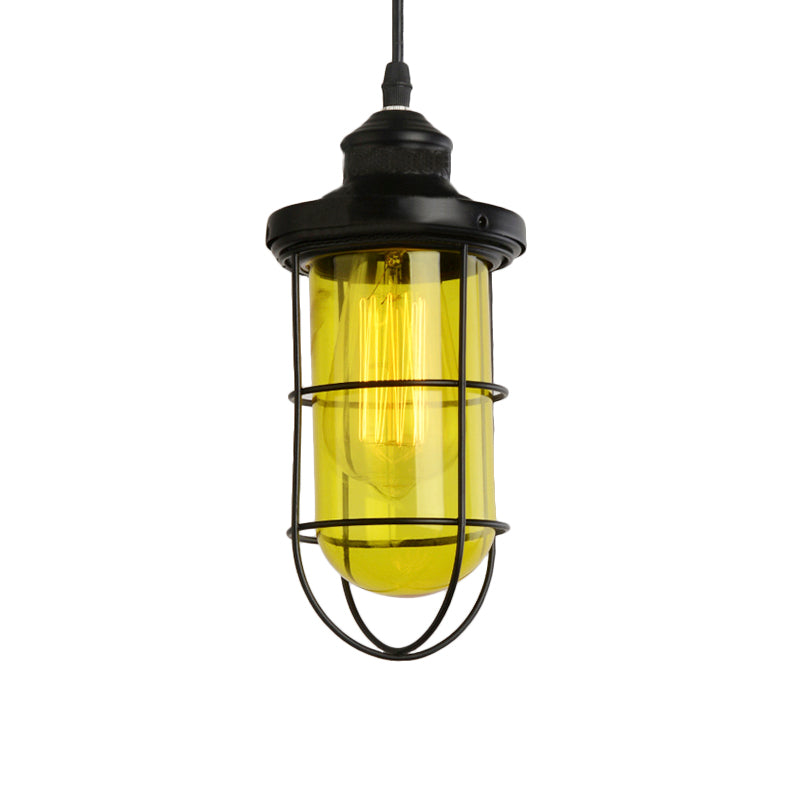 Black Single-Bulb Pendant Lighting Fixture Vintage Yellow/Green/Clear Glass Caged Hanging Ceiling Light for Living Room Clearhalo 'Ceiling Lights' 'Glass shade' 'Glass' 'Industrial Pendants' 'Industrial' 'Middle Century Pendants' 'Pendant Lights' 'Pendants' 'Tiffany' Lighting' 136298