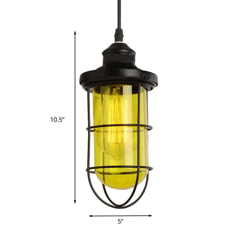 Black Single-Bulb Pendant Lighting Fixture Vintage Yellow/Green/Clear Glass Caged Hanging Ceiling Light for Living Room Clearhalo 'Ceiling Lights' 'Glass shade' 'Glass' 'Industrial Pendants' 'Industrial' 'Middle Century Pendants' 'Pendant Lights' 'Pendants' 'Tiffany' Lighting' 136299