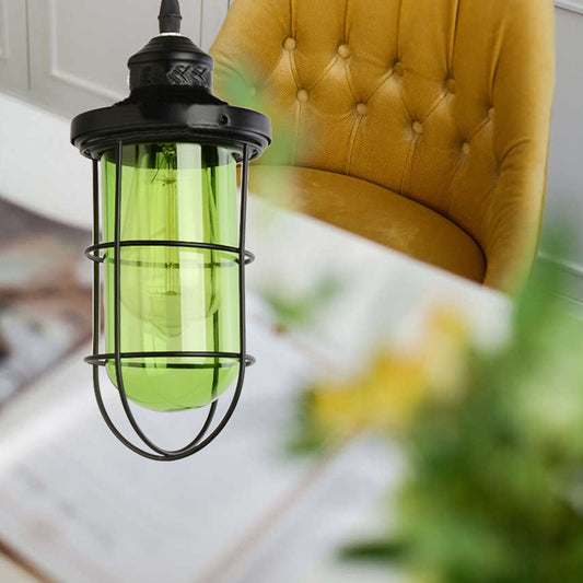 Black Single-Bulb Pendant Lighting Fixture Vintage Yellow/Green/Clear Glass Caged Hanging Ceiling Light for Living Room Green Clearhalo 'Ceiling Lights' 'Glass shade' 'Glass' 'Industrial Pendants' 'Industrial' 'Middle Century Pendants' 'Pendant Lights' 'Pendants' 'Tiffany' Lighting' 136300