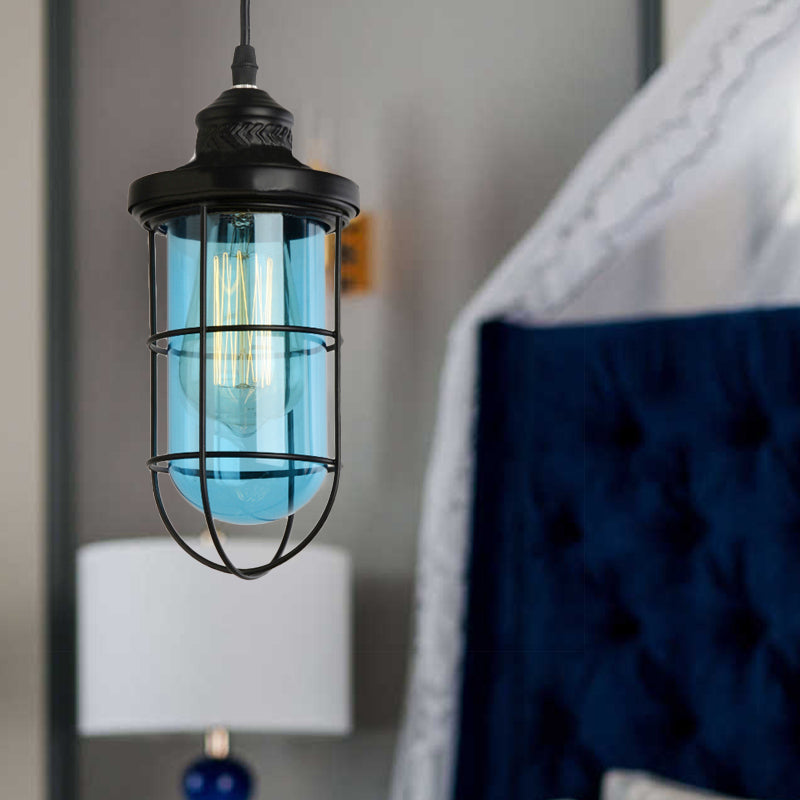 Black Single-Bulb Pendant Lighting Fixture Vintage Yellow/Green/Clear Glass Caged Hanging Ceiling Light for Living Room Light Blue Clearhalo 'Ceiling Lights' 'Glass shade' 'Glass' 'Industrial Pendants' 'Industrial' 'Middle Century Pendants' 'Pendant Lights' 'Pendants' 'Tiffany' Lighting' 136303