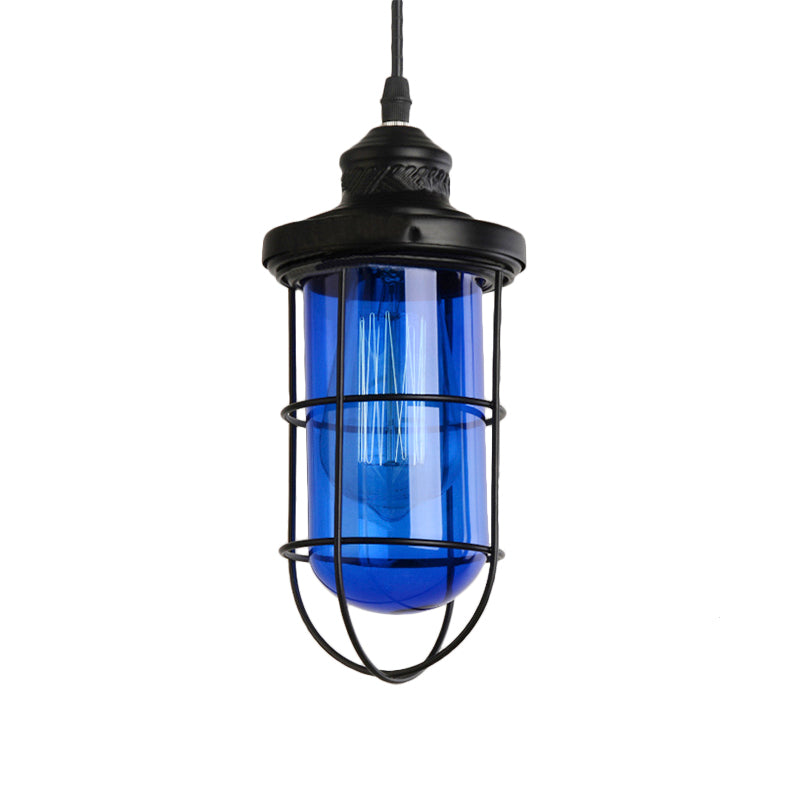 Black Single-Bulb Pendant Lighting Fixture Vintage Yellow/Green/Clear Glass Caged Hanging Ceiling Light for Living Room Clearhalo 'Ceiling Lights' 'Glass shade' 'Glass' 'Industrial Pendants' 'Industrial' 'Middle Century Pendants' 'Pendant Lights' 'Pendants' 'Tiffany' Lighting' 136308