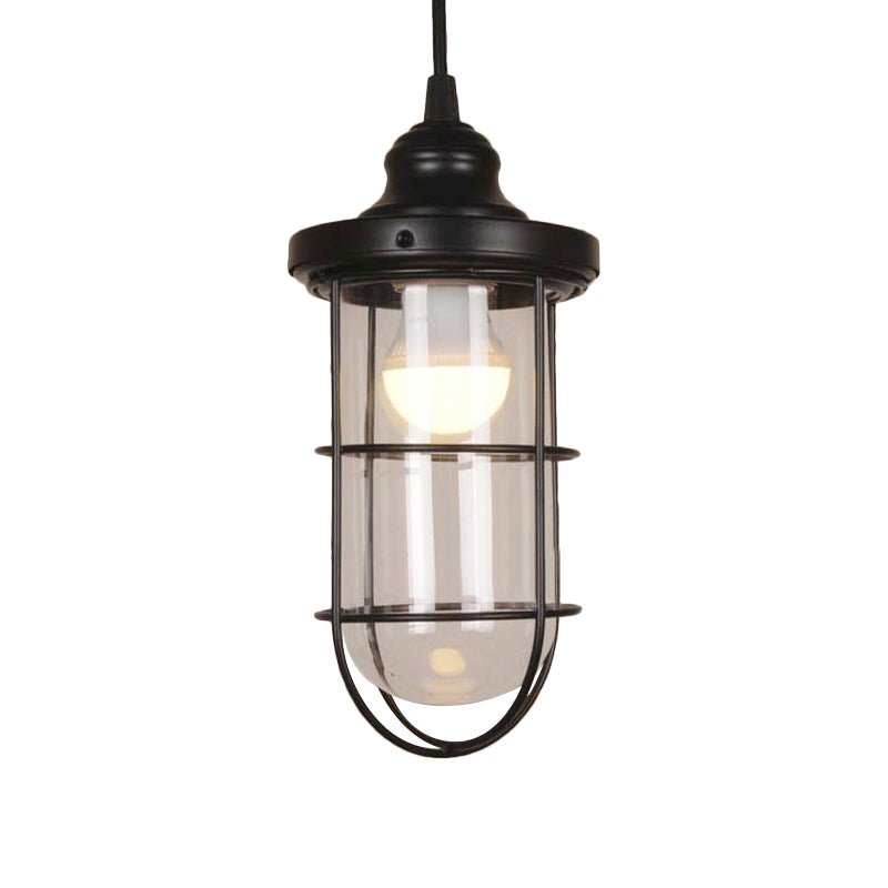 Black Single-Bulb Pendant Lighting Fixture Vintage Yellow/Green/Clear Glass Caged Hanging Ceiling Light for Living Room Clearhalo 'Ceiling Lights' 'Glass shade' 'Glass' 'Industrial Pendants' 'Industrial' 'Middle Century Pendants' 'Pendant Lights' 'Pendants' 'Tiffany' Lighting' 136311