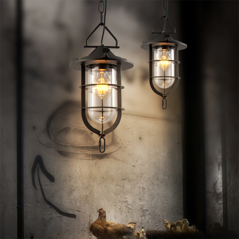 1 Light Cone Ceiling Pendant Light Vintage Black/Rust Clear Glass Hanging Lamp for Living Room with Cage Black Clearhalo 'Ceiling Lights' 'Glass shade' 'Glass' 'Industrial Pendants' 'Industrial' 'Middle Century Pendants' 'Pendant Lights' 'Pendants' 'Tiffany' Lighting' 136317