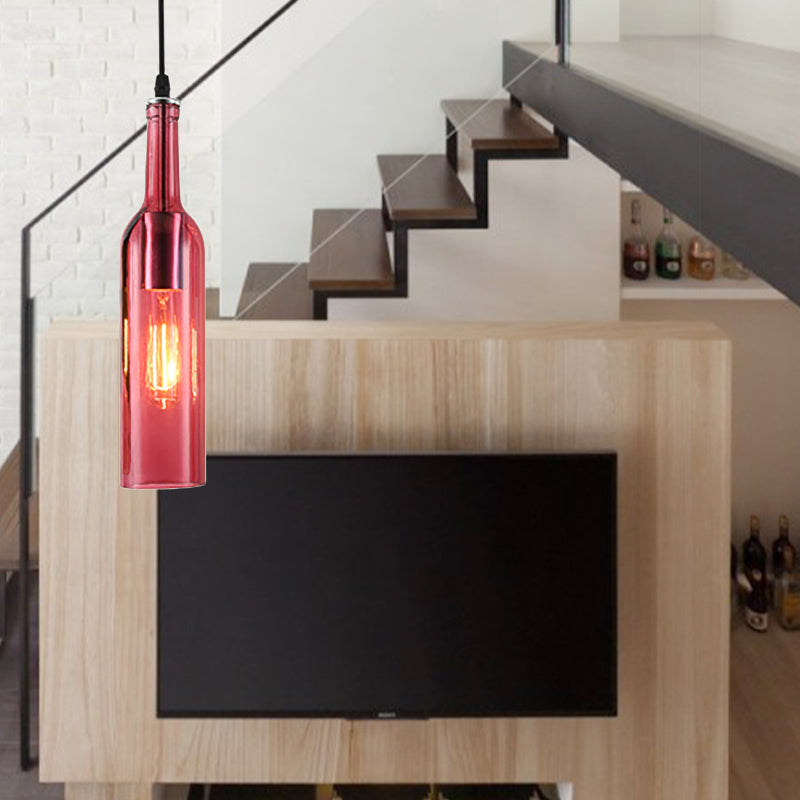 Blue/Brown 1 Light Hanging Lamp Vintage Industrial Glass Bottle Shade Hanging Lamp with Adjustable Cord Rose Red Clearhalo 'Ceiling Lights' 'Glass shade' 'Glass' 'Industrial Pendants' 'Industrial' 'Middle Century Pendants' 'Pendant Lights' 'Pendants' 'Tiffany' Lighting' 136351