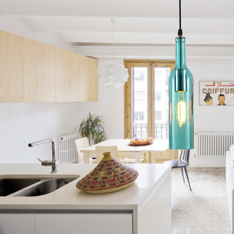 Blue/Brown 1 Light Hanging Lamp Vintage Industrial Glass Bottle Shade Hanging Lamp with Adjustable Cord Clearhalo 'Ceiling Lights' 'Glass shade' 'Glass' 'Industrial Pendants' 'Industrial' 'Middle Century Pendants' 'Pendant Lights' 'Pendants' 'Tiffany' Lighting' 136355