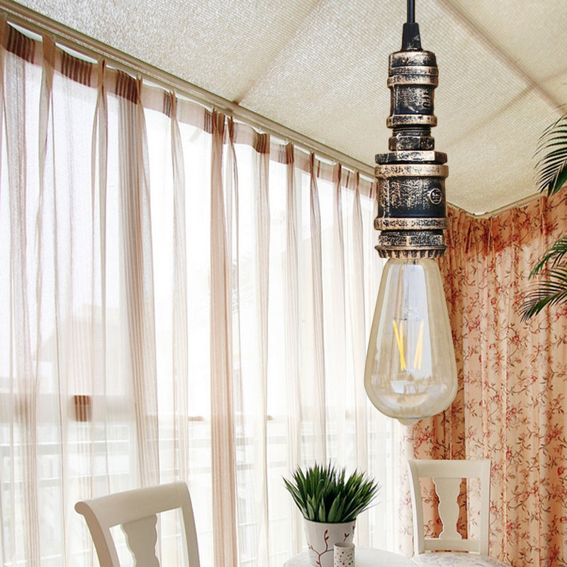 1 Light Bare Bulb Hanging Light Rustic Style Black/Silver Wrought Iron Ceiling Fixture with Pipe for Bathroom Antique Brass Clearhalo 'Art Deco Pendants' 'Black' 'Cast Iron' 'Ceiling Lights' 'Ceramic' 'Crystal' 'Industrial Pendants' 'Industrial' 'Metal' 'Middle Century Pendants' 'Pendant Lights' 'Pendants' 'Rustic Pendants' 'Tiffany' Lighting' 136382