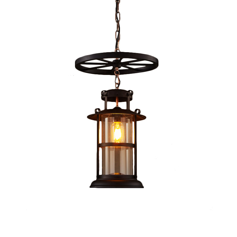 Black Single Light Pendant Ceiling Light Farmhouse Clear Glass Cylinder Lighting Fixture with Iron Wheel Clearhalo 'Art Deco Pendants' 'Black' 'Cast Iron' 'Ceiling Lights' 'Ceramic' 'Crystal' 'Industrial Pendants' 'Industrial' 'Metal' 'Middle Century Pendants' 'Pendant Lights' 'Pendants' 'Rustic Pendants' 'Tiffany' Lighting' 136451
