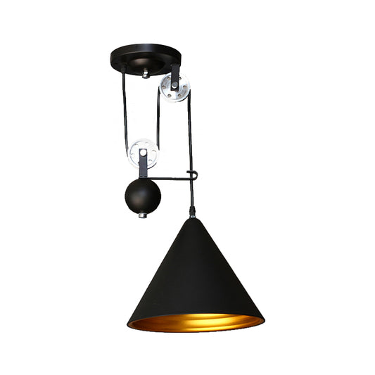 Black/White Finish Conical Hanging Lamp with Pulley Industrial Style Metal 1 Light Farmhouse Pendant Lighting Clearhalo 'Art Deco Pendants' 'Black' 'Cast Iron' 'Ceiling Lights' 'Ceramic' 'Crystal' 'Industrial Pendants' 'Industrial' 'Metal' 'Middle Century Pendants' 'Pendant Lights' 'Pendants' 'Rustic Pendants' 'Tiffany' Lighting' 136464