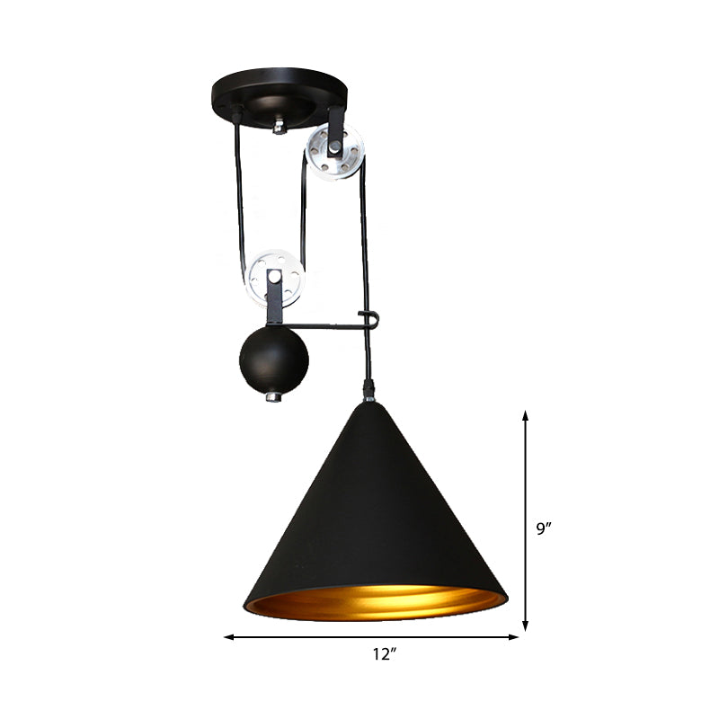 Black/White Finish Conical Hanging Lamp with Pulley Industrial Style Metal 1 Light Farmhouse Pendant Lighting Clearhalo 'Art Deco Pendants' 'Black' 'Cast Iron' 'Ceiling Lights' 'Ceramic' 'Crystal' 'Industrial Pendants' 'Industrial' 'Metal' 'Middle Century Pendants' 'Pendant Lights' 'Pendants' 'Rustic Pendants' 'Tiffany' Lighting' 136465