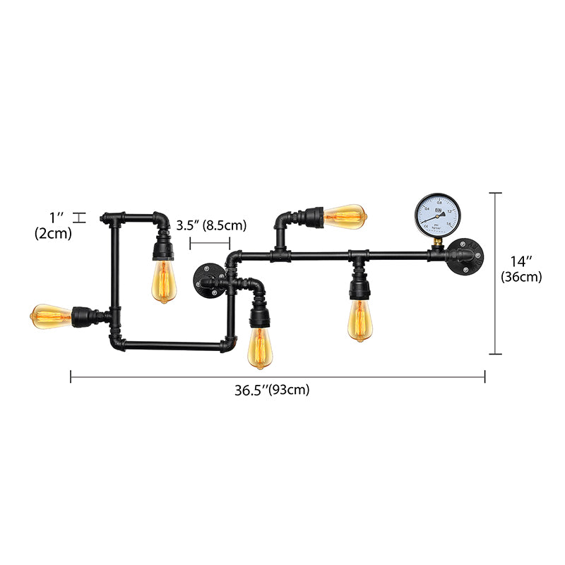 5 Bulbs Wall Lighting Vintage Style Twisted Pipe Metallic Wall Mounted Lamp with Pressure Gauge in Black Clearhalo 'Art deco wall lights' 'Cast Iron' 'Glass' 'Industrial wall lights' 'Industrial' 'Middle century wall lights' 'Modern' 'Rustic wall lights' 'Tiffany' 'Traditional wall lights' 'Wall Lamps & Sconces' 'Wall Lights' Lighting' 137060