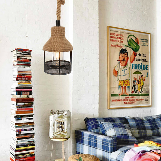 Beige Tapered Pendant Lighting Country Style Metal 1 Light Indoor Hanging Lamp with Rope and Mesh Detail Beige Clearhalo 'Ceiling Lights' 'Industrial Pendants' 'Industrial' 'Middle Century Pendants' 'Pendant Lights' 'Pendants' 'Tiffany' Lighting' 137121