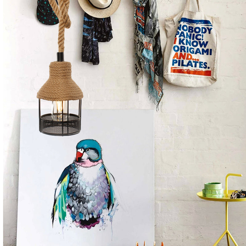 Beige Tapered Pendant Lighting Country Style Metal 1 Light Indoor Hanging Lamp with Rope and Mesh Detail Clearhalo 'Ceiling Lights' 'Industrial Pendants' 'Industrial' 'Middle Century Pendants' 'Pendant Lights' 'Pendants' 'Tiffany' Lighting' 137122