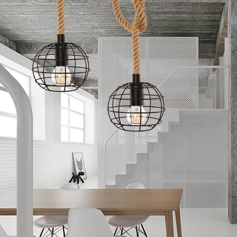 Industrial Wire Globe Pendant Lamp 1 Bulb Metal Suspension Light with Adjustable Rope in Black for Dining Room Black Clearhalo 'Ceiling Lights' 'Industrial Pendants' 'Industrial' 'Middle Century Pendants' 'Pendant Lights' 'Pendants' 'Tiffany' Lighting' 137139