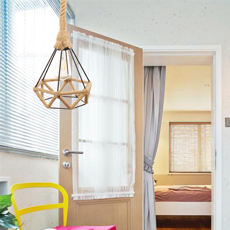 1 Light Geometric Pendant Lamp Lodge Style Beige Metal Hanging Ceiling Light with Rope-Weaved Frame Beige Clearhalo 'Ceiling Lights' 'Industrial Pendants' 'Industrial' 'Middle Century Pendants' 'Pendant Lights' 'Pendants' 'Tiffany' Lighting' 137147