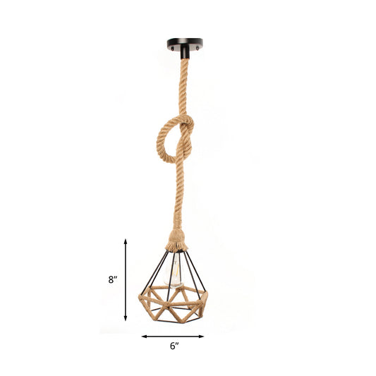 1 Light Geometric Pendant Lamp Lodge Style Beige Metal Hanging Ceiling Light with Rope-Weaved Frame Clearhalo 'Ceiling Lights' 'Industrial Pendants' 'Industrial' 'Middle Century Pendants' 'Pendant Lights' 'Pendants' 'Tiffany' Lighting' 137150
