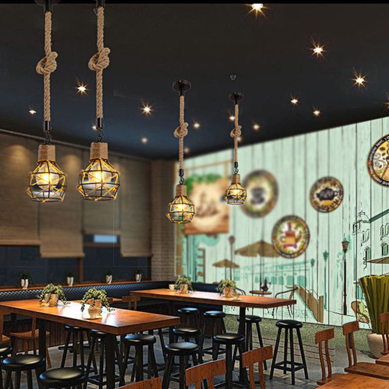 Dome Cage Restaurant Ceiling Hanging Light Country Metallic 1 Light Beige Pendant Light with Rope Clearhalo 'Ceiling Lights' 'Industrial Pendants' 'Industrial' 'Middle Century Pendants' 'Pendant Lights' 'Pendants' 'Tiffany' Lighting' 137152