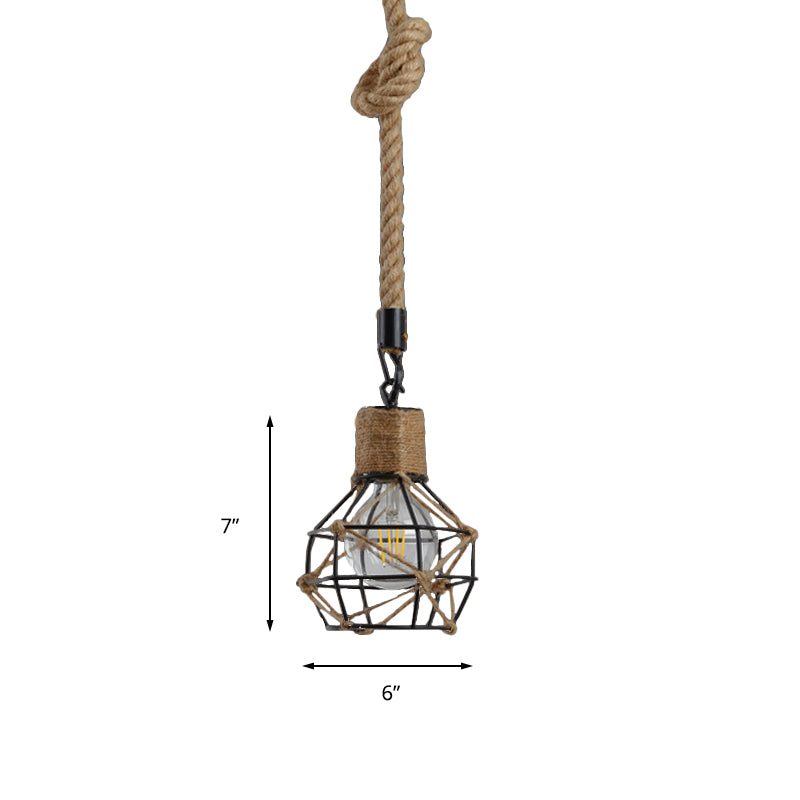 Dome Cage Restaurant Ceiling Hanging Light Country Metallic 1 Light Beige Pendant Light with Rope Clearhalo 'Ceiling Lights' 'Industrial Pendants' 'Industrial' 'Middle Century Pendants' 'Pendant Lights' 'Pendants' 'Tiffany' Lighting' 137154
