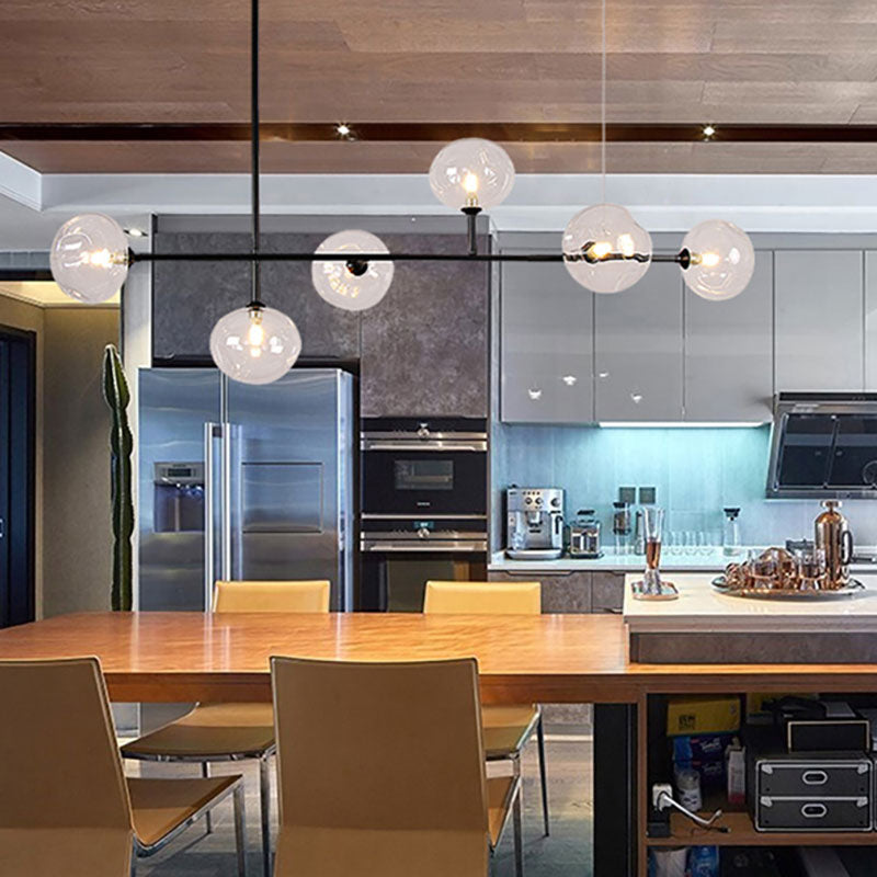 Glass Bubble Shade Hanging Chandelier for Restaurant 6 Lights Modern Metal Island Light in Black Clearhalo 'Ceiling Lights' 'Glass shade' 'Glass' 'Island Lights' Lighting' 137256