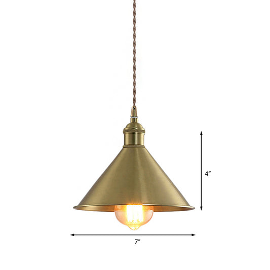 7"/9.5" W Cone Metal Hanging Light Fixture Industrial 1 Bulb Bedroom Pendant Lighting with Adjustable Cord in Brass Clearhalo 'Art Deco Pendants' 'Cast Iron' 'Ceiling Lights' 'Ceramic' 'Crystal' 'Industrial Pendants' 'Industrial' 'Metal' 'Middle Century Pendants' 'Pendant Lights' 'Pendants' 'Tiffany' Lighting' 137293
