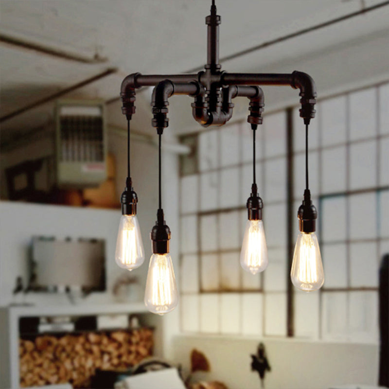 4 Bulbs Water Pipe Ceiling Light Rustic Stylish Antique Bronze/Black Wrought Iron Chandelier Lamp Black Clearhalo 'Cast Iron' 'Ceiling Lights' 'Chandeliers' 'Industrial Chandeliers' 'Industrial' 'Metal' 'Middle Century Chandeliers' 'Rustic Chandeliers' 'Tiffany' Lighting' 137440