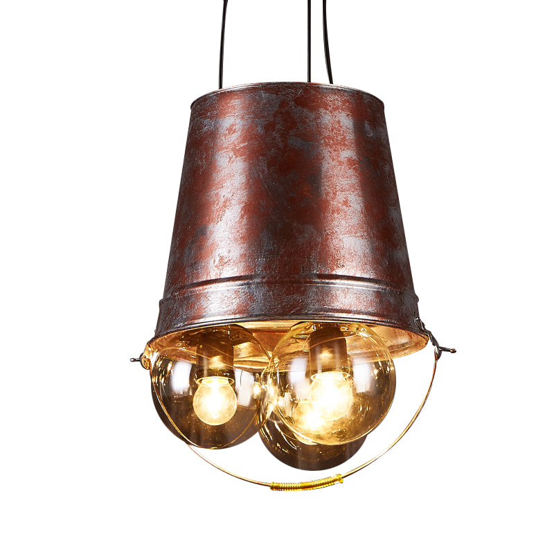 Semi Globe Living Room Pendant Chandelier Rustic Clear Glass 3 Lights Black Hanging Fixture with Metal Bucket Clearhalo 'Cast Iron' 'Ceiling Lights' 'Chandeliers' 'Industrial Chandeliers' 'Industrial' 'Metal' 'Middle Century Chandeliers' 'Rustic Chandeliers' 'Tiffany' Lighting' 137462