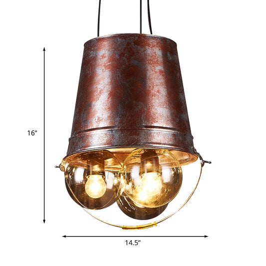 Semi Globe Living Room Pendant Chandelier Rustic Clear Glass 3 Lights Black Hanging Fixture with Metal Bucket Clearhalo 'Cast Iron' 'Ceiling Lights' 'Chandeliers' 'Industrial Chandeliers' 'Industrial' 'Metal' 'Middle Century Chandeliers' 'Rustic Chandeliers' 'Tiffany' Lighting' 137463