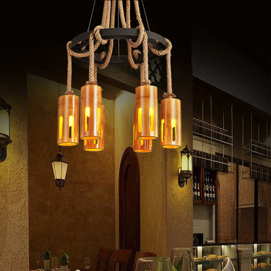 Bamboo Chandelier Lamp Lodge Style Multi Lights Pendant Lighting with Hanging Rope 6 Wood Clearhalo 'Cast Iron' 'Ceiling Lights' 'Chandeliers' 'Industrial Chandeliers' 'Industrial' 'Metal' 'Middle Century Chandeliers' 'Rustic Chandeliers' 'Tiffany' Lighting' 137495