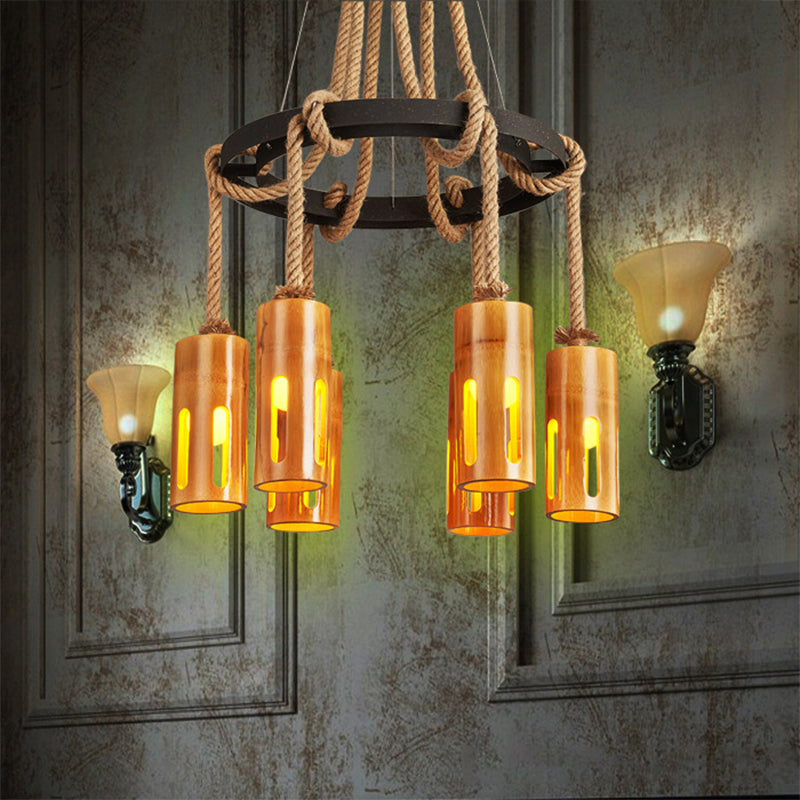 Bamboo Chandelier Lamp Lodge Style Multi Lights Pendant Lighting with Hanging Rope Clearhalo 'Cast Iron' 'Ceiling Lights' 'Chandeliers' 'Industrial Chandeliers' 'Industrial' 'Metal' 'Middle Century Chandeliers' 'Rustic Chandeliers' 'Tiffany' Lighting' 137496