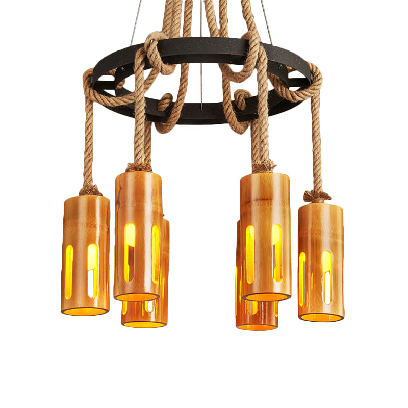 Bamboo Chandelier Lamp Lodge Style Multi Lights Pendant Lighting with Hanging Rope Clearhalo 'Cast Iron' 'Ceiling Lights' 'Chandeliers' 'Industrial Chandeliers' 'Industrial' 'Metal' 'Middle Century Chandeliers' 'Rustic Chandeliers' 'Tiffany' Lighting' 137497