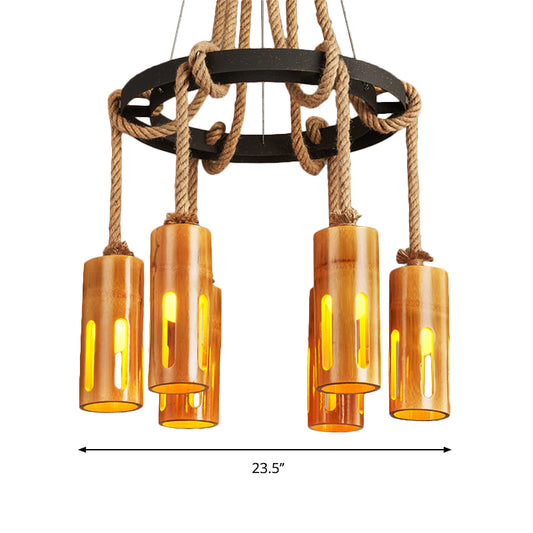 Bamboo Chandelier Lamp Lodge Style Multi Lights Pendant Lighting with Hanging Rope Clearhalo 'Cast Iron' 'Ceiling Lights' 'Chandeliers' 'Industrial Chandeliers' 'Industrial' 'Metal' 'Middle Century Chandeliers' 'Rustic Chandeliers' 'Tiffany' Lighting' 137498