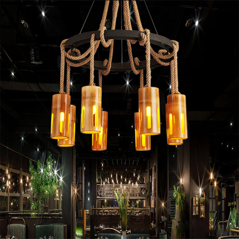 Bamboo Chandelier Lamp Lodge Style Multi Lights Pendant Lighting with Hanging Rope Clearhalo 'Cast Iron' 'Ceiling Lights' 'Chandeliers' 'Industrial Chandeliers' 'Industrial' 'Metal' 'Middle Century Chandeliers' 'Rustic Chandeliers' 'Tiffany' Lighting' 137500