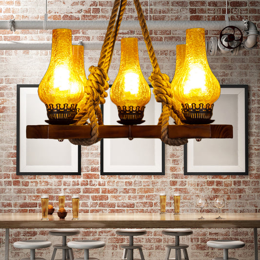 Yellow 5 Lights Pendant Lamp Country Stylish Rope and Cracked Glass Teardrop Shade Chandelier Lighting Clearhalo 'Ceiling Lights' 'Chandeliers' 'Industrial Chandeliers' 'Industrial' 'Middle Century Chandeliers' 'Tiffany' Lighting' 137511