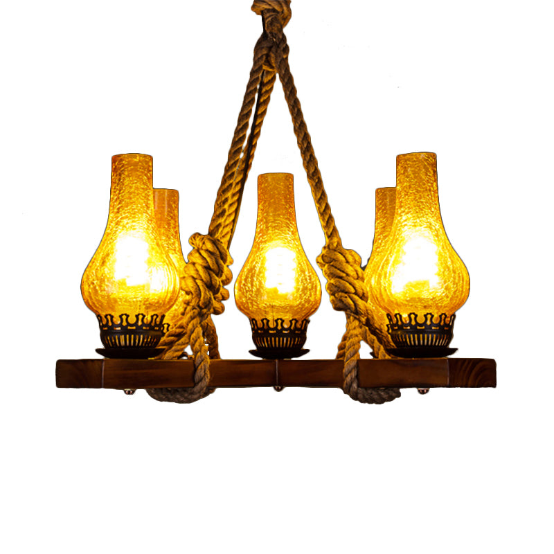 Yellow 5 Lights Pendant Lamp Country Stylish Rope and Cracked Glass Teardrop Shade Chandelier Lighting Clearhalo 'Ceiling Lights' 'Chandeliers' 'Industrial Chandeliers' 'Industrial' 'Middle Century Chandeliers' 'Tiffany' Lighting' 137512