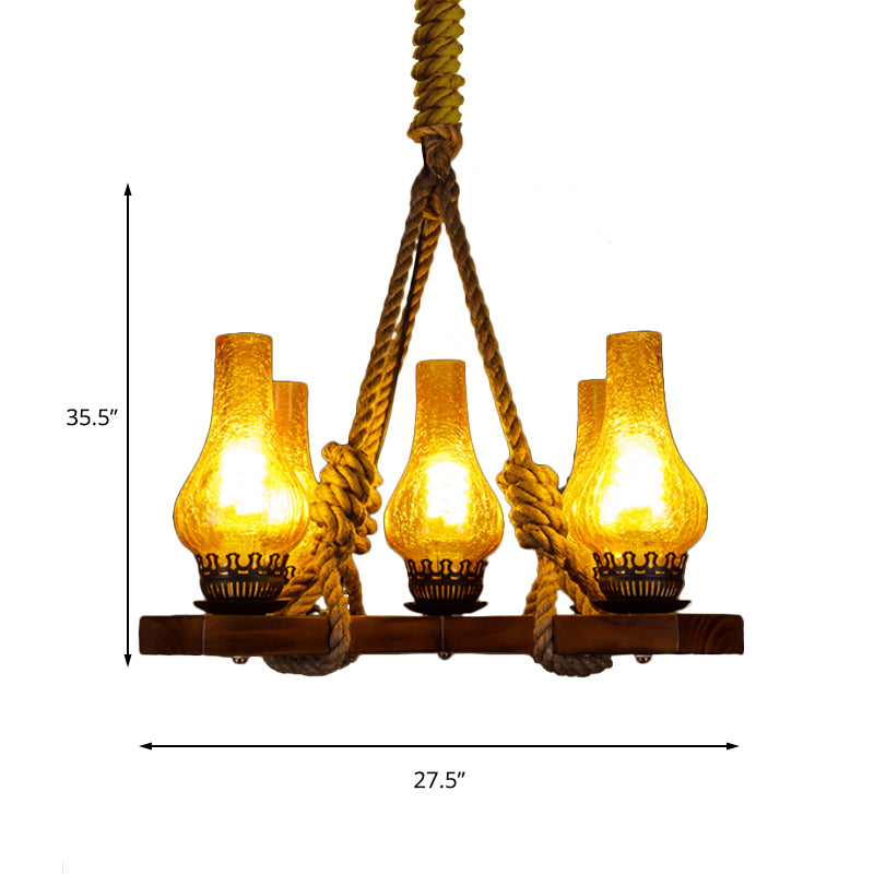 Yellow 5 Lights Pendant Lamp Country Stylish Rope and Cracked Glass Teardrop Shade Chandelier Lighting Clearhalo 'Ceiling Lights' 'Chandeliers' 'Industrial Chandeliers' 'Industrial' 'Middle Century Chandeliers' 'Tiffany' Lighting' 137513
