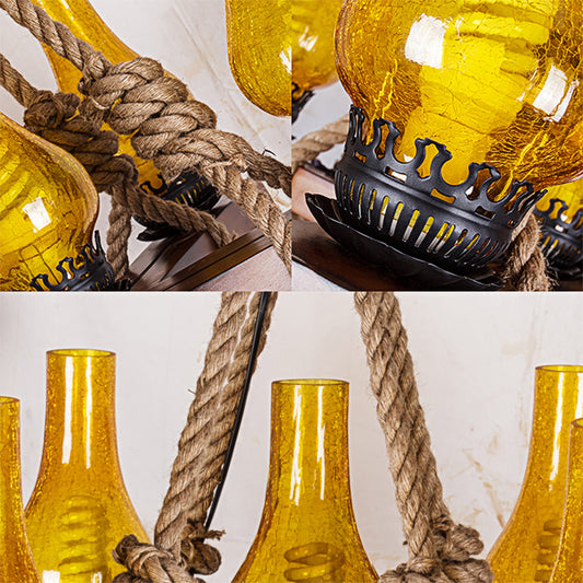 Yellow 5 Lights Pendant Lamp Country Stylish Rope and Cracked Glass Teardrop Shade Chandelier Lighting Clearhalo 'Ceiling Lights' 'Chandeliers' 'Industrial Chandeliers' 'Industrial' 'Middle Century Chandeliers' 'Tiffany' Lighting' 137514