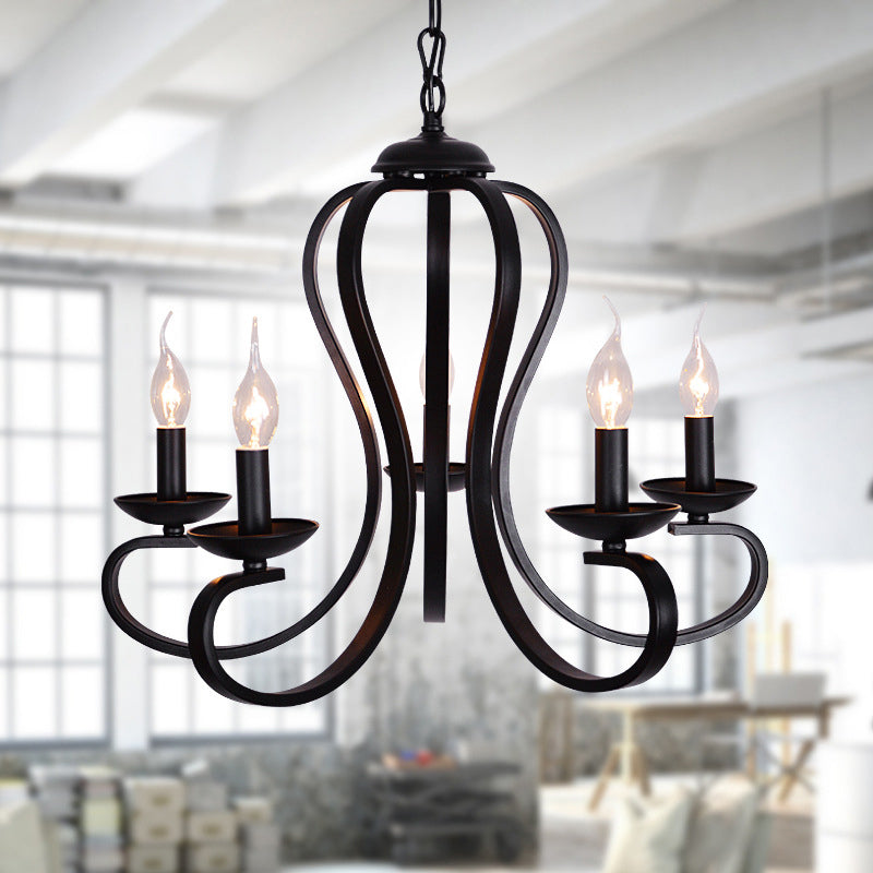 Industrial Flameless Candle Ceiling Lamp 3/5 Bulbs Metallic Hanging Ceiling Light in Black for Living Room 5 Black Clearhalo 'Cast Iron' 'Ceiling Lights' 'Chandeliers' 'Industrial Chandeliers' 'Industrial' 'Metal' 'Middle Century Chandeliers' 'Rustic Chandeliers' 'Tiffany' Lighting' 137697