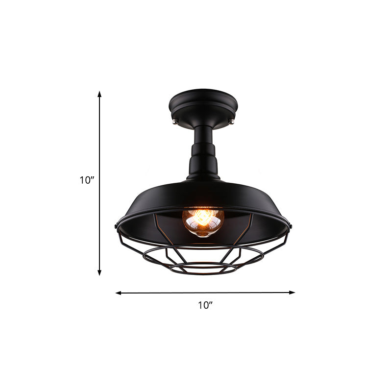 10"/14"/18" W Barn Balcony Semi Mount Lighting Retro Style Metal 1 Bulb Black Ceiling Mounted Light with Wire Frame Clearhalo 'Ceiling Lights' 'Close To Ceiling Lights' 'Close to ceiling' 'Semi-flushmount' Lighting' 137715