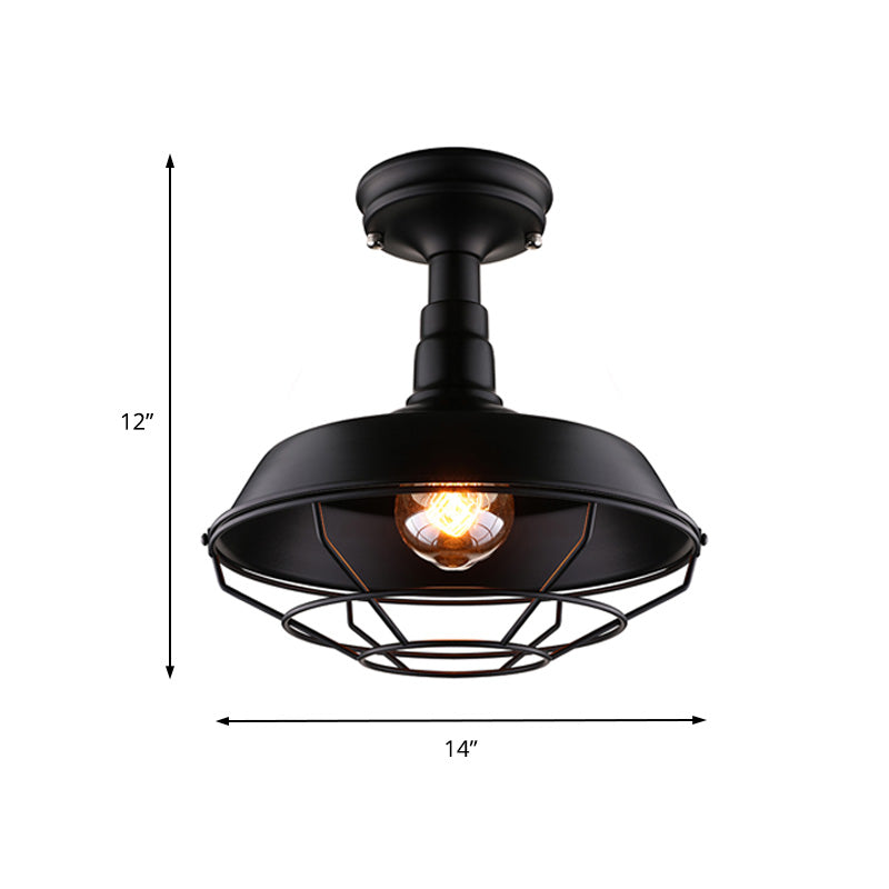 10"/14"/18" W Barn Balcony Semi Mount Lighting Retro Style Metal 1 Bulb Black Ceiling Mounted Light with Wire Frame Clearhalo 'Ceiling Lights' 'Close To Ceiling Lights' 'Close to ceiling' 'Semi-flushmount' Lighting' 137717