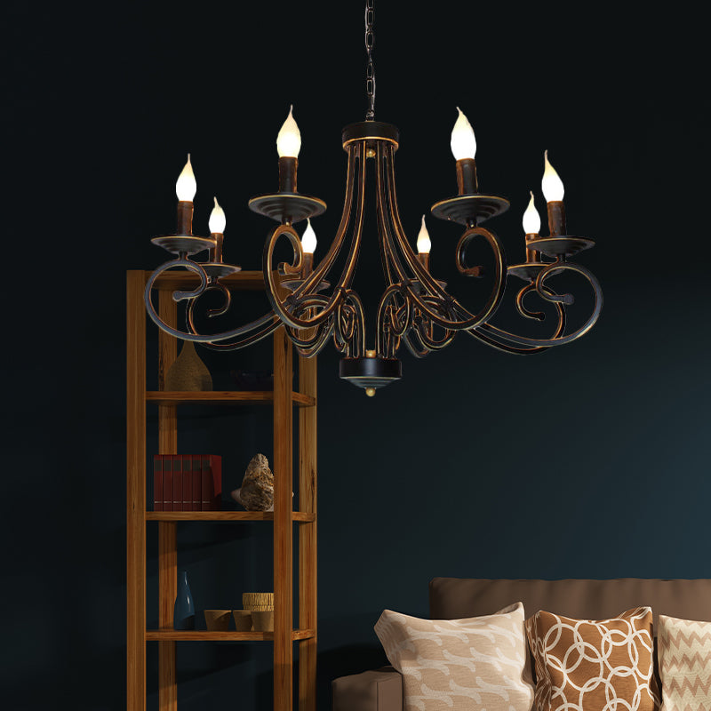 Vintage Style Exposed Chandelier Light with Candle 6/8 Heads Iron Hanging Ceiling Light in Black 8 Black Clearhalo 'Cast Iron' 'Ceiling Lights' 'Chandeliers' 'Industrial Chandeliers' 'Industrial' 'Metal' 'Middle Century Chandeliers' 'Rustic Chandeliers' 'Tiffany' Lighting' 137763