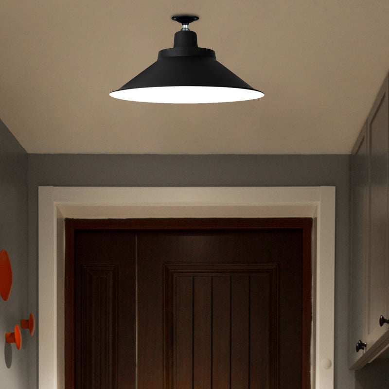 12"/16"/19.5" Wide Cone Metal Ceiling Lighting Industrial Style 1 Head Balcony Semi Flush Mount Lighting in Black Black Clearhalo 'Ceiling Lights' 'Close To Ceiling Lights' 'Close to ceiling' 'Flush mount' 'Industrial Flush Mount' Lighting' 137776