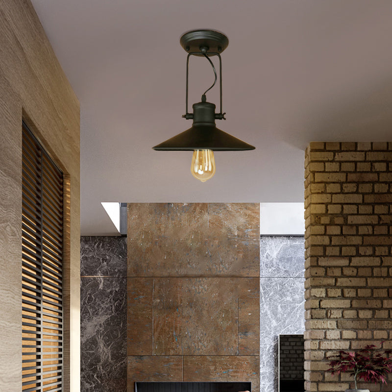 Conical Metal Semi Flush Mount Lighting Retro Stylish 1 Light Foyer Rotatable Ceiling Light in Black/Rust Black Clearhalo 'Ceiling Lights' 'Close To Ceiling Lights' 'Close to ceiling' 'Semi-flushmount' Lighting' 137797