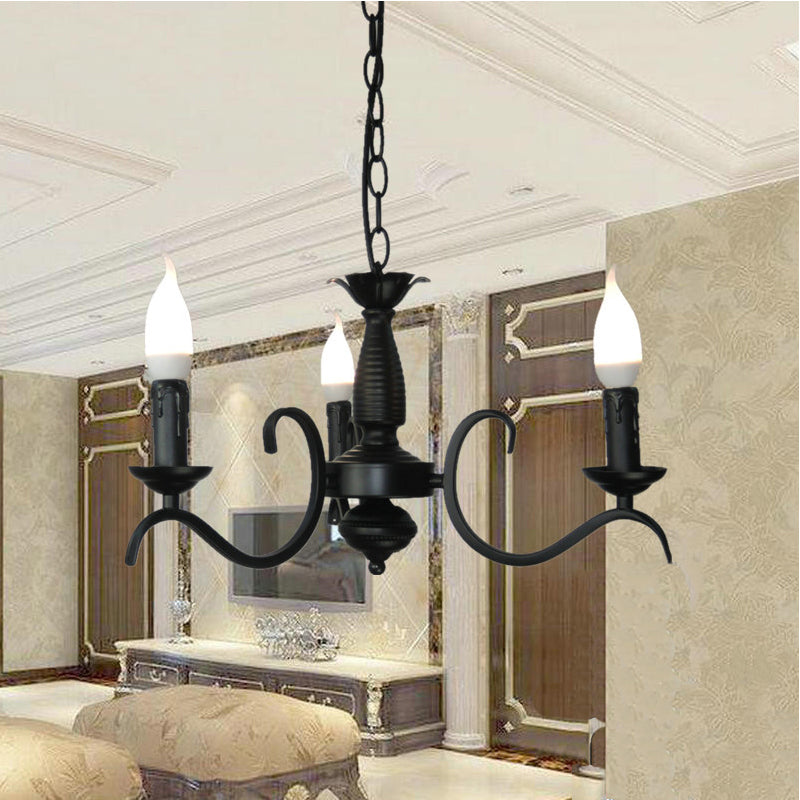 3/5 Heads Flameless Candle Chandelier Lighting Vintage Style Black Metallic Hanging Lamp for Living Room 3 Black Clearhalo 'Cast Iron' 'Ceiling Lights' 'Chandeliers' 'Industrial Chandeliers' 'Industrial' 'Metal' 'Middle Century Chandeliers' 'Rustic Chandeliers' 'Tiffany' Lighting' 137804