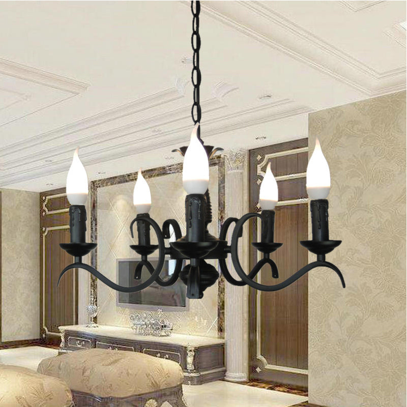 3/5 Heads Flameless Candle Chandelier Lighting Vintage Style Black Metallic Hanging Lamp for Living Room 5 Black Clearhalo 'Cast Iron' 'Ceiling Lights' 'Chandeliers' 'Industrial Chandeliers' 'Industrial' 'Metal' 'Middle Century Chandeliers' 'Rustic Chandeliers' 'Tiffany' Lighting' 137808
