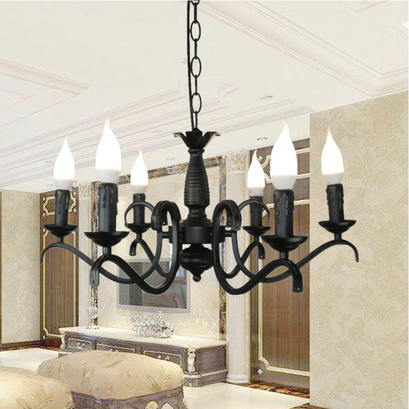 3/5 Heads Flameless Candle Chandelier Lighting Vintage Style Black Metallic Hanging Lamp for Living Room 6 Black Clearhalo 'Cast Iron' 'Ceiling Lights' 'Chandeliers' 'Industrial Chandeliers' 'Industrial' 'Metal' 'Middle Century Chandeliers' 'Rustic Chandeliers' 'Tiffany' Lighting' 137811